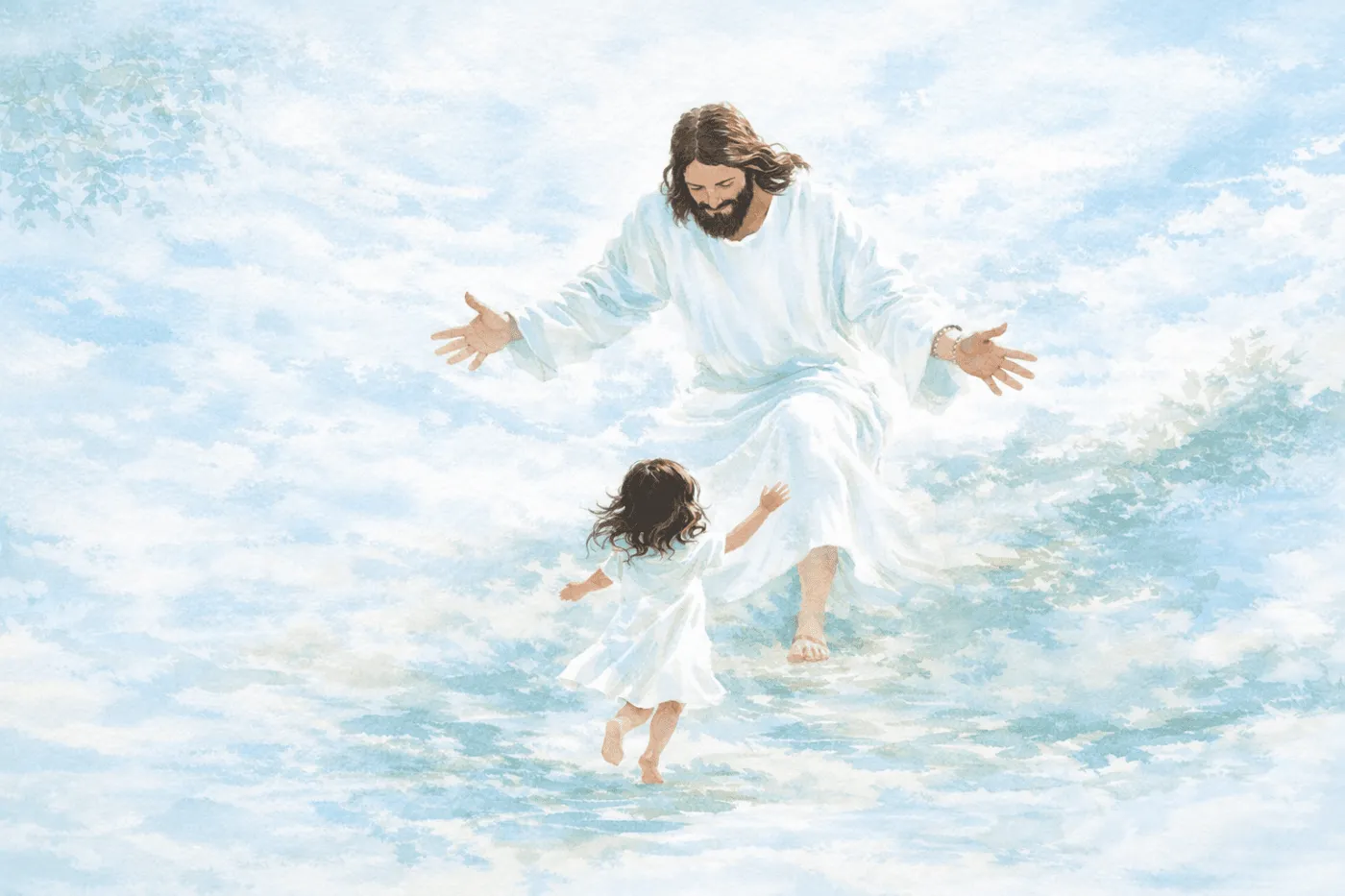 Illustration of Jesus reaching out to a child on the water